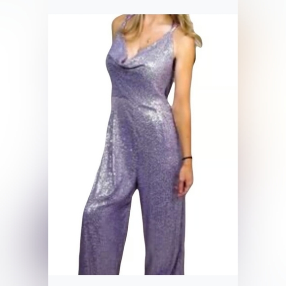 NWT!Anthro Sequin Cowl Neck Wide Leg Women's Chic Ranna Gill Purple Jumpsuit XS - Picture 3 of 17